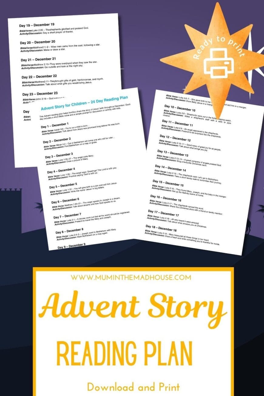 A family-friendly way to countdown to Christmas! Short Bible verses, Advent readings, and activities make this perfect for kids, grandchildren, and classrooms.