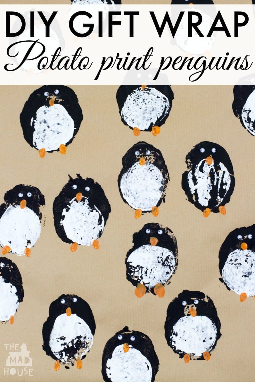 DIY gift wrap - potato print penguins. Create your own wrapping paper with this festive kids craft. It is simple to make and looks so effective. 