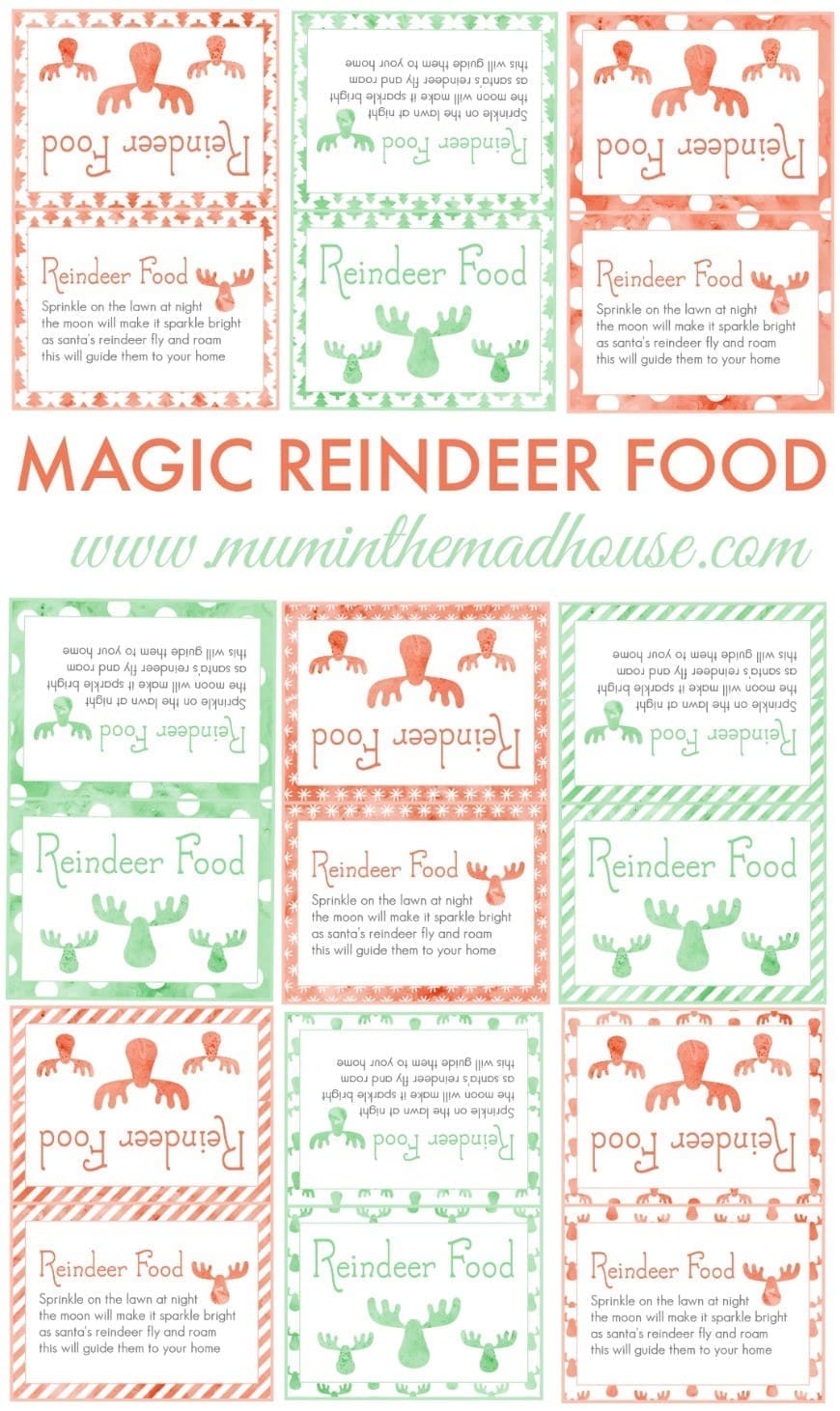 10 free printable labels for magic reindeer food. Make sure the reindeers find you and are fed on Christmas Eve with these fun, festive and free printable labels and recipe for reindeer food 