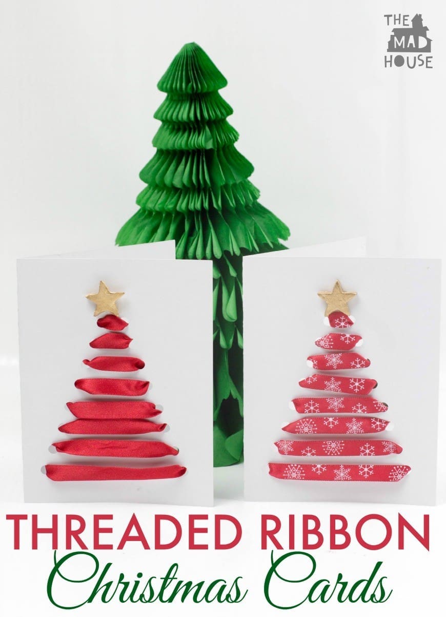 These simple threaded ribbon Christmas cards are perfect for children of all ages to make and perfect for working on fine motor skills too .  A simple christmas card craft for kids