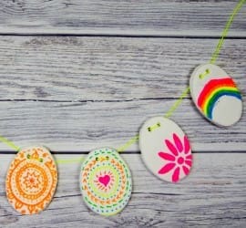 A DIY clay recipe and beautiful DIY Clay Easter bunting a great kids DIY craft for Easter. This DIY clay recipe has only two ingredients and you can colour on it with markers and felt tips. It has to be seen to be believed.