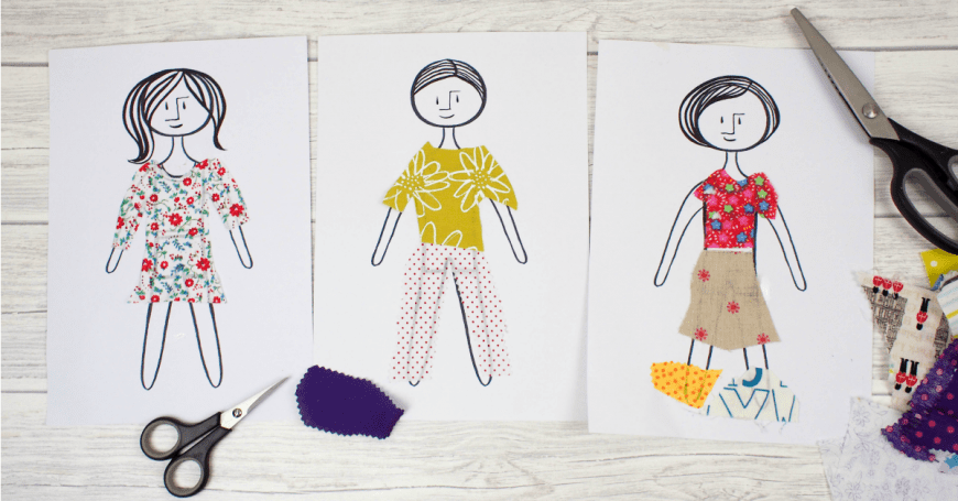 Five fab printables for scrap fabric paper dolls, inspired by the vintage paper dolls. A fantastic DIY kids craft to recycle and reuse scrap fabric. Scrap fabric paper dolls are such a fun DIY craft for children and a great way to practice scissor skills. Kids can also colouring them in or even dress them with scrapbooking paper.