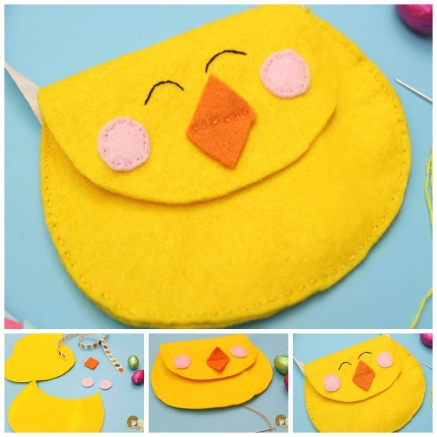  Cute Felt Chick Purse   This cute felt chick purse is the perfect introduction in to sewing. A simple DIY craft sewing project to hold your kids Easter eggs this Spring. 