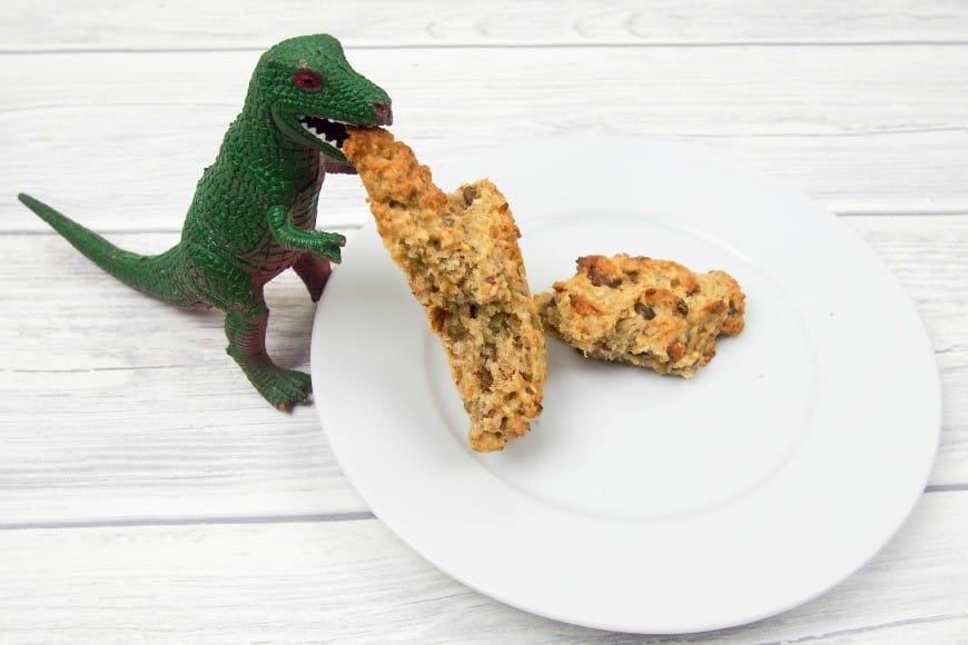 These delicious Dinosaur footprint loaded flapjacks are perfect for healthy breakfasts on the go and are full of nuts and dried fruits.  They are perfect for encouraging kids to eat new things and delicious too.