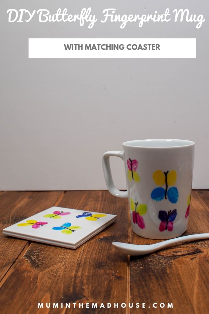 Make these cute DIY Butterfly Fingerprint Mugs with matching coasters for a birthday, Mother's Day or DIY gift. These fingerprint mugs are a great keepsake craft and make a fab DIY gift.