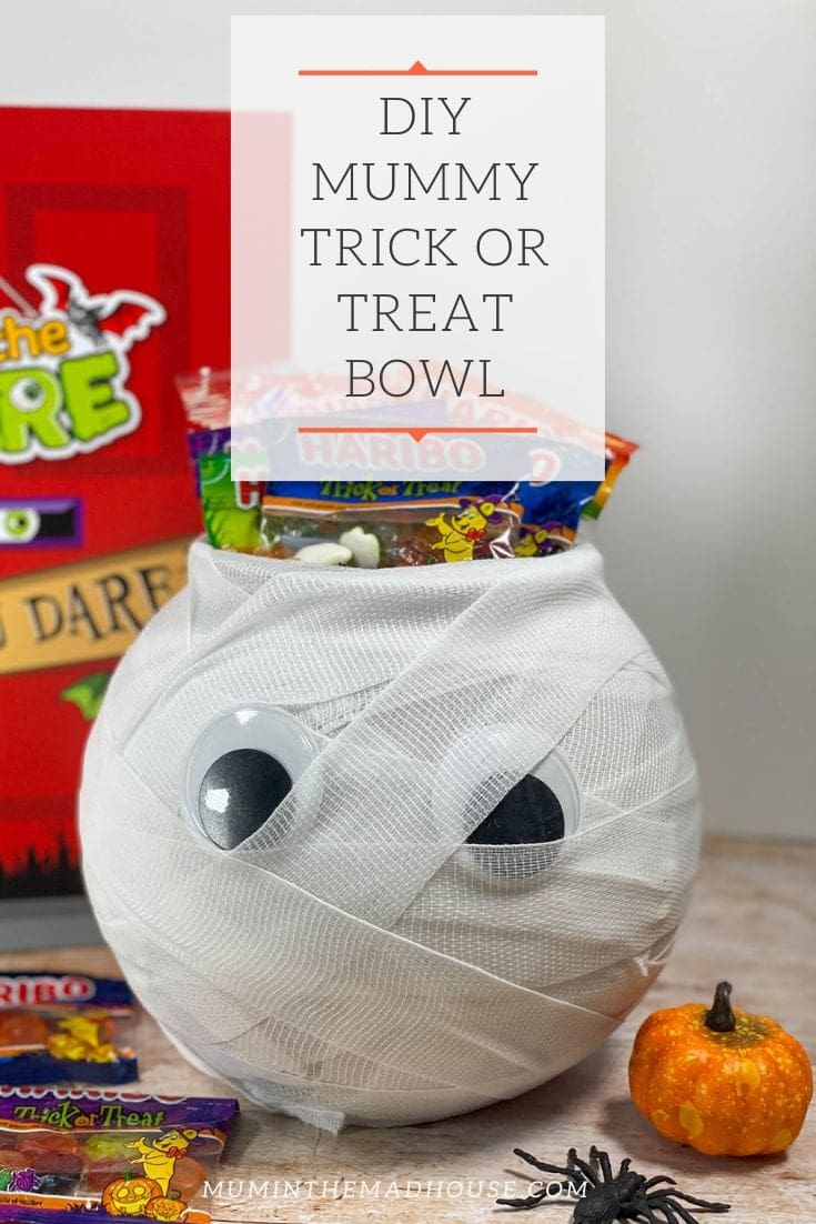 This cute DIY Mummy Trick or Treat bowl is the perfect addition to your Halloween festivities. It is simple to make and only takes a few minutes.