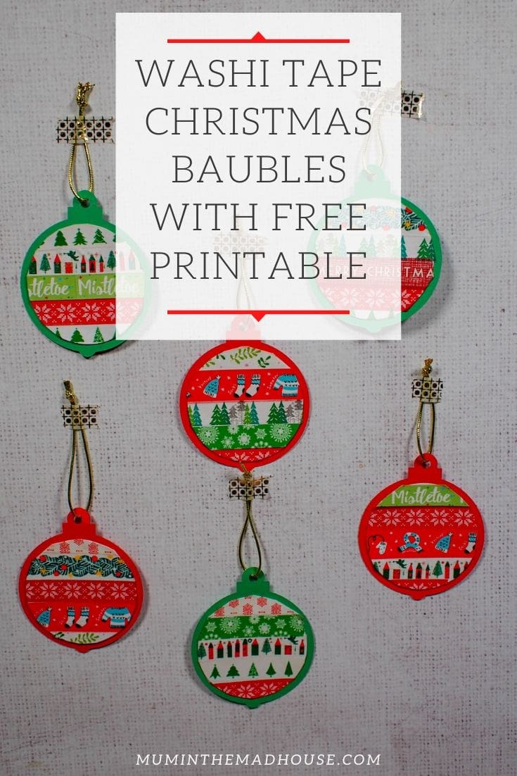 These Washi Tape Christmas Baubles with Free Printable are a fabulous mess free Christmas craft to do with kids.  