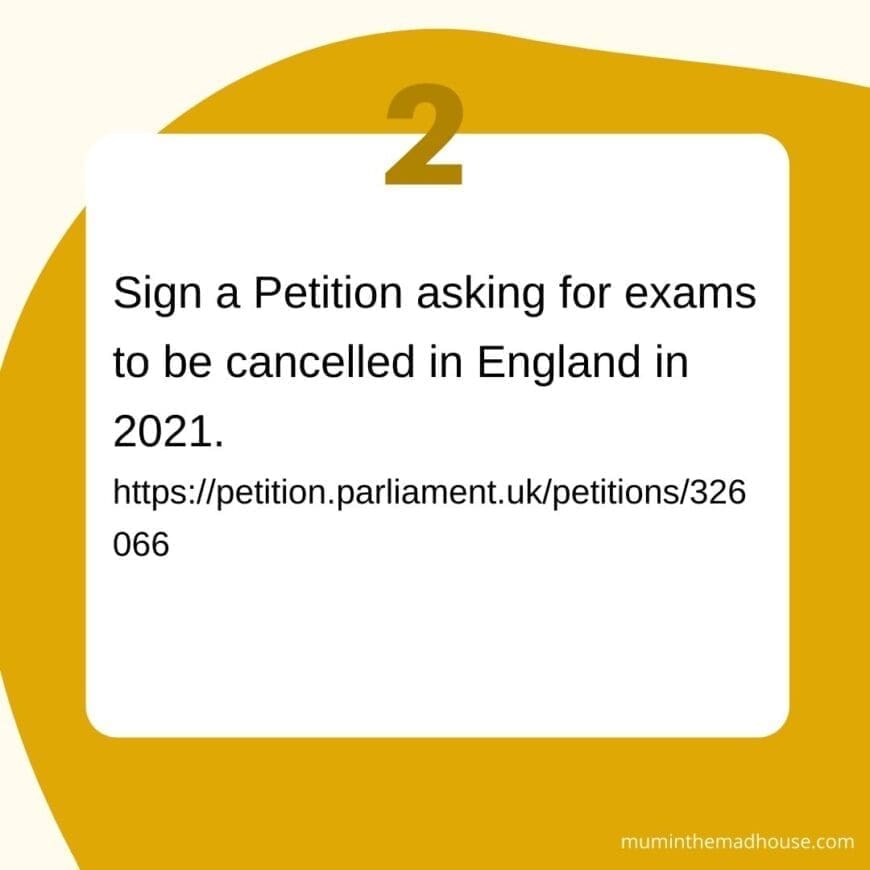 Actions and a sample letter to call for cancel exams in England for 2021. Why we need to cancel GCSE's and A'Levels in England in 2021.