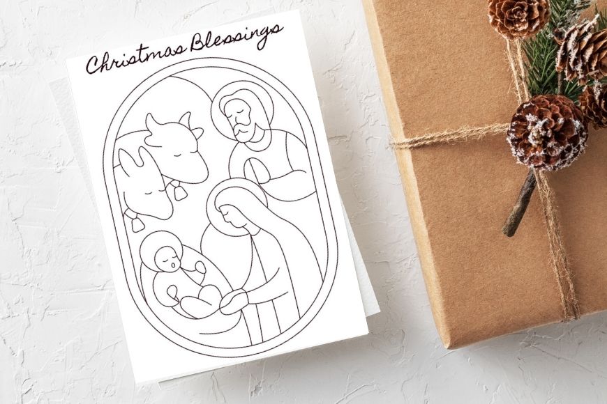 Christmas Blessings card to print and colour