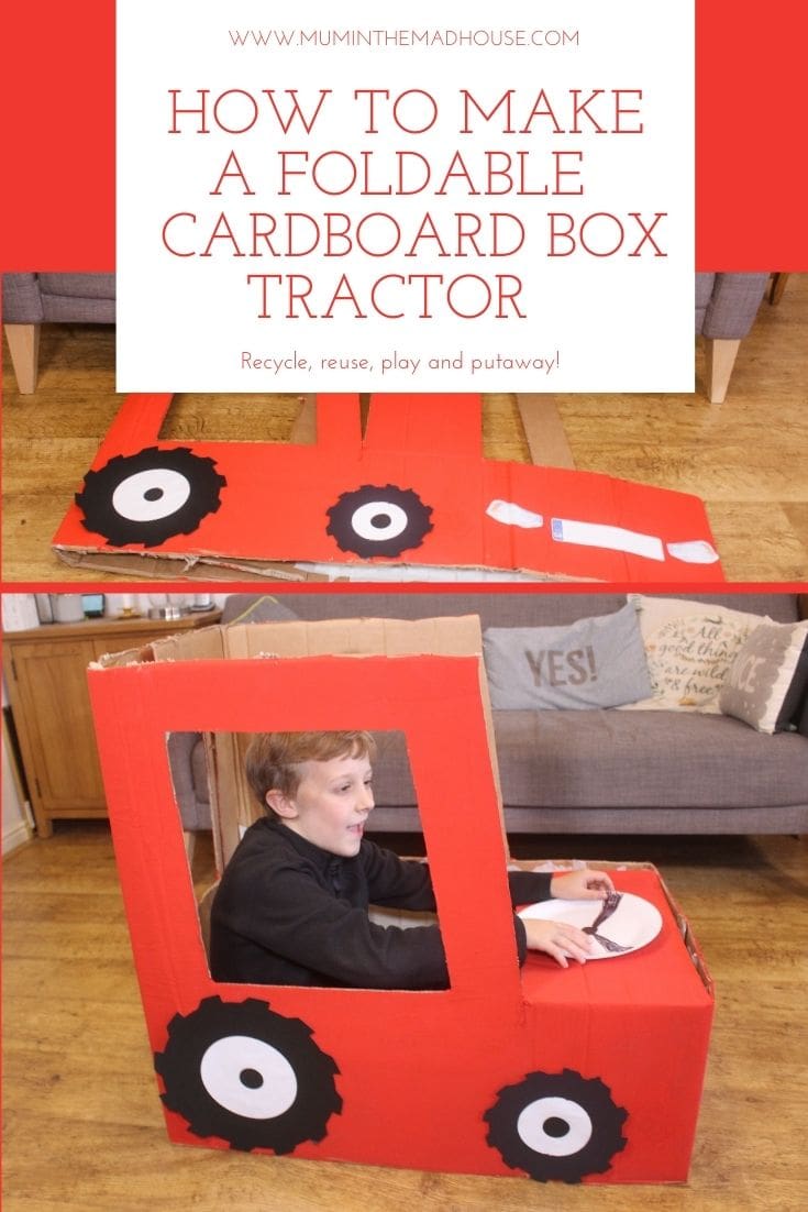 How to make a foldable tractor out of a cardboard box with free printables, yes this folds flat for storage 