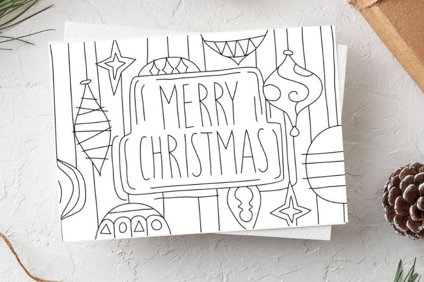 Merry Christmas - Baubles Christmas card to print and colour in