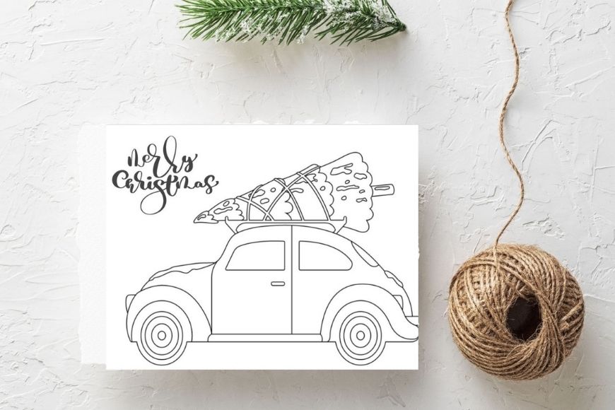 Merry Christmas - Tree and car  Christmas card to print and colour in