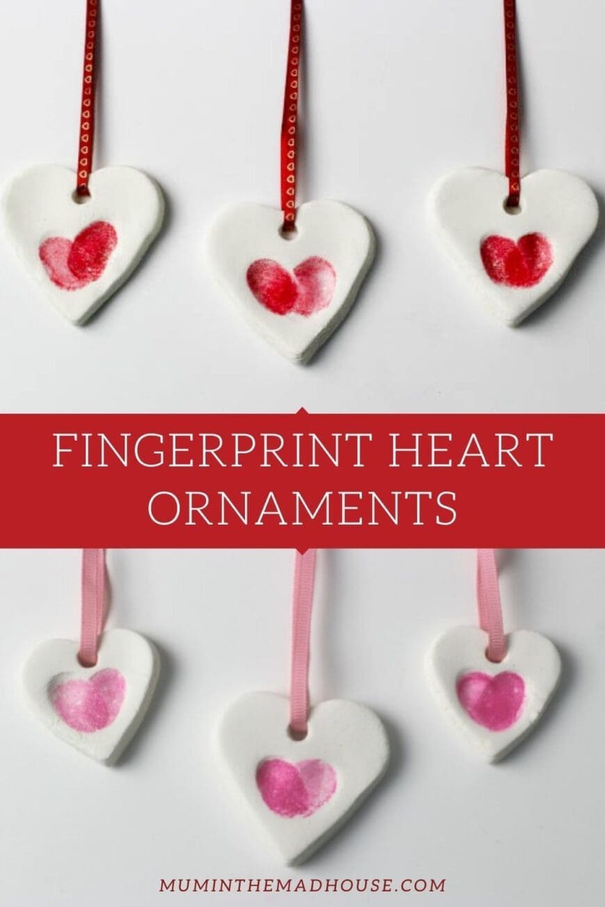 Adorably simple fingerprint heart ornaments made using baking soda clay. They are really easy and inexpensive to make and make great valentines keepsakes or gifts