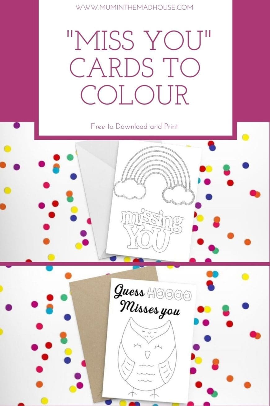 These free printable "miss you" cards to colour are perfect for kids to send to their friends and family that are missing.  There is nothing like something that will keep the kids occupied for at least 10 minutes and brighten someone else's day when they receive it. 