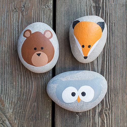Woodland animals painted on to stones