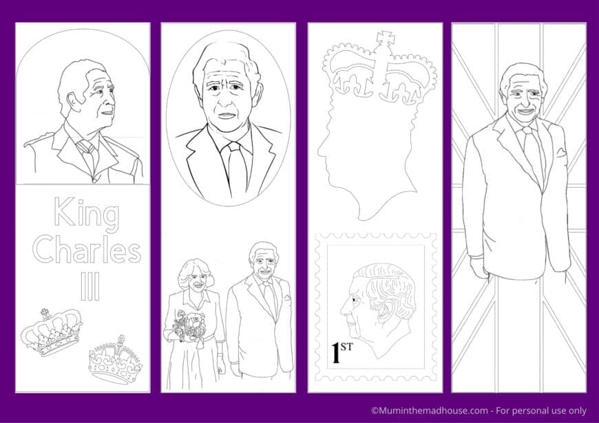 Keep your place and customise with these King Charles III Colouring Bookmarks. Quick and simple to download and print off at home.
