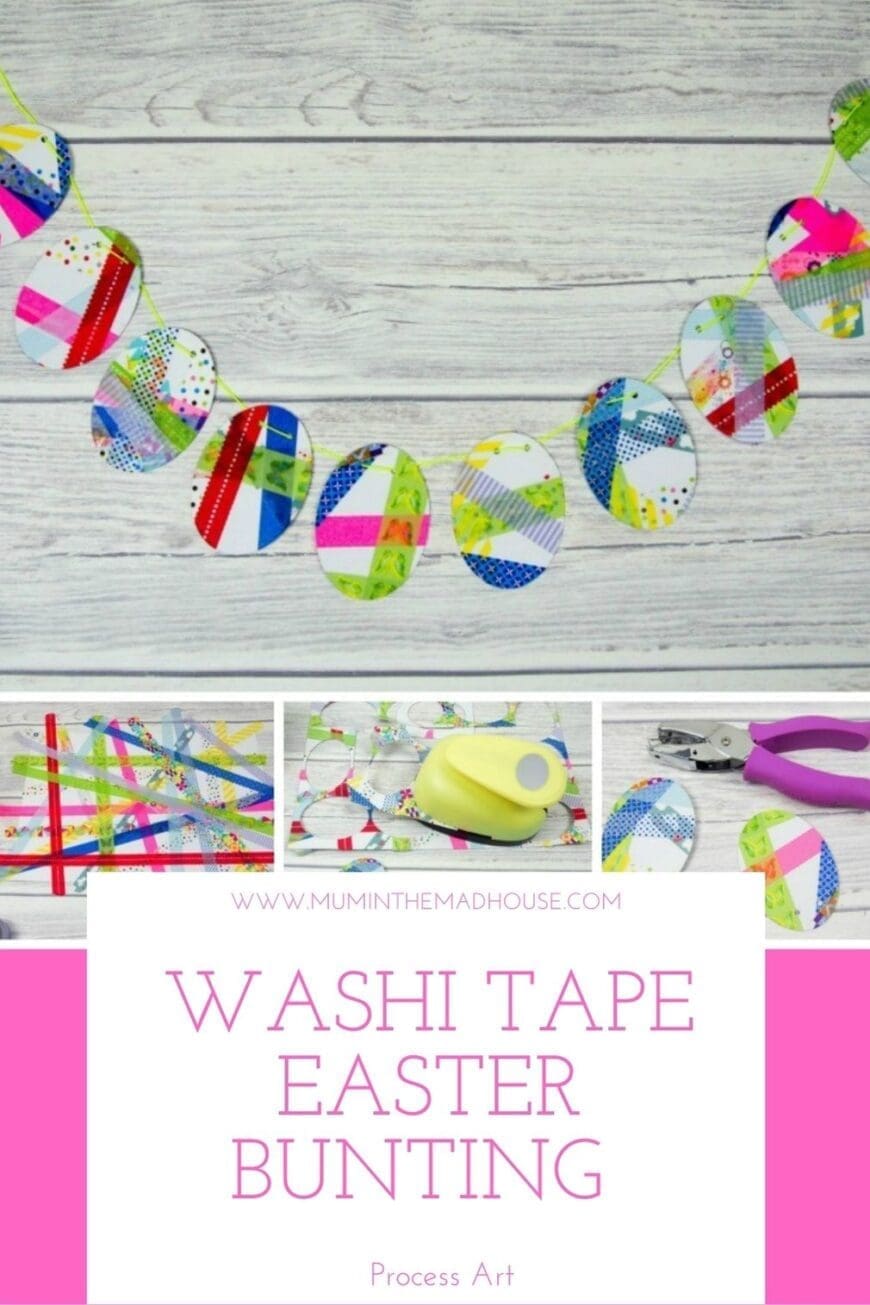 This is a brilliant Easter process art activity for Preschool age children.  Washi tape is a great craft material and this is beautiful and fun to make whilst working on fine motor skills such as threading, tearing and pushing.