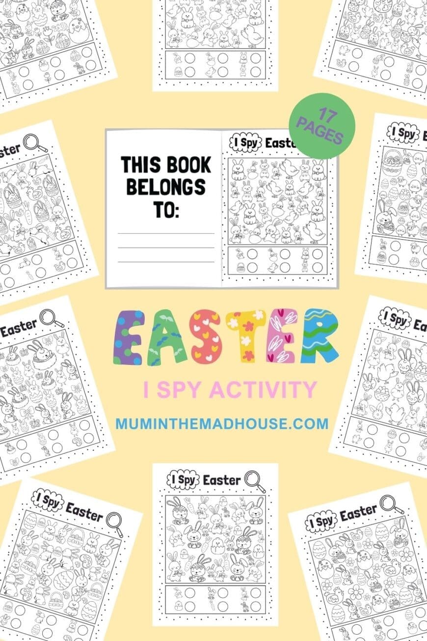 Download our free I Spy Easter Activity book printable filled with 15 pages of Easter  guessing games and colouring for Kids.