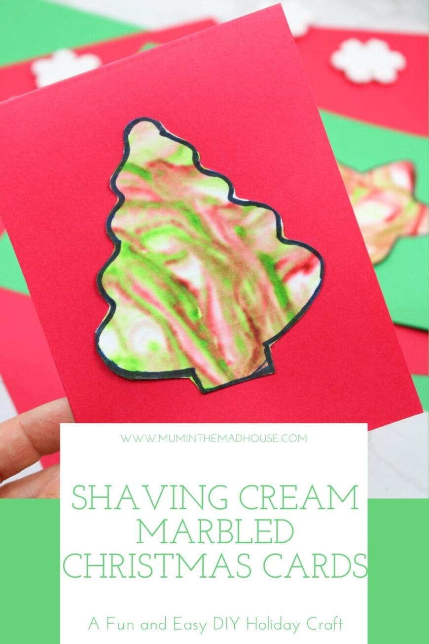 Make festive marbled Christmas cards with shaving cream! This fun, colorful craft is easy for kids and a great way to get creative this holiday season.