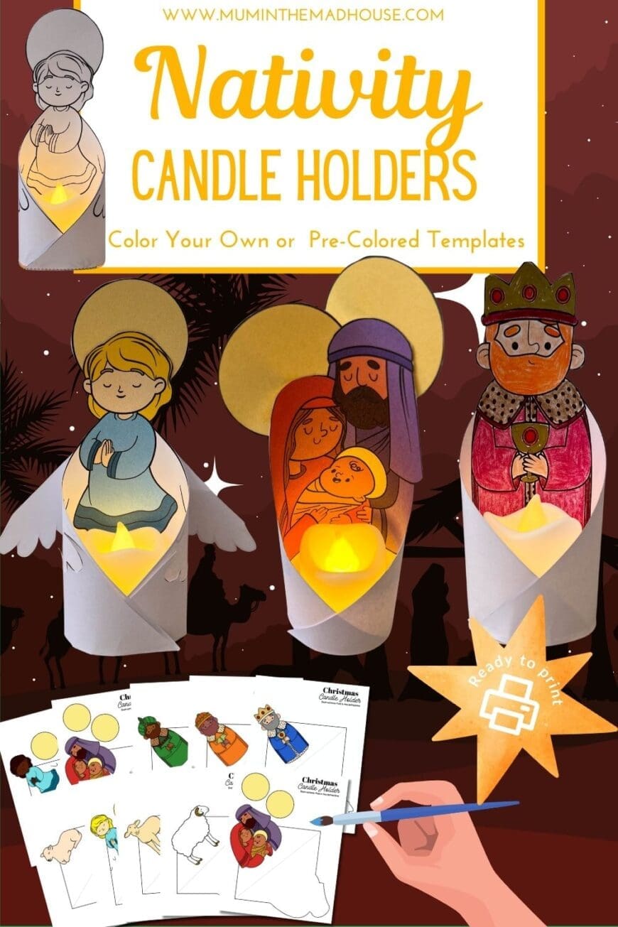 Make Christmas crafting easy with these Nativity candle holder printables. Perfect for kids! Choose from color-your-own or pre-colored templates and light up your holidays