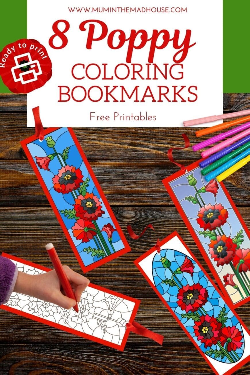 8 free poppy bookmark designs to download and color! Engage in a meaningful Remembrance Day activity with these simple and stained glass-style printables.