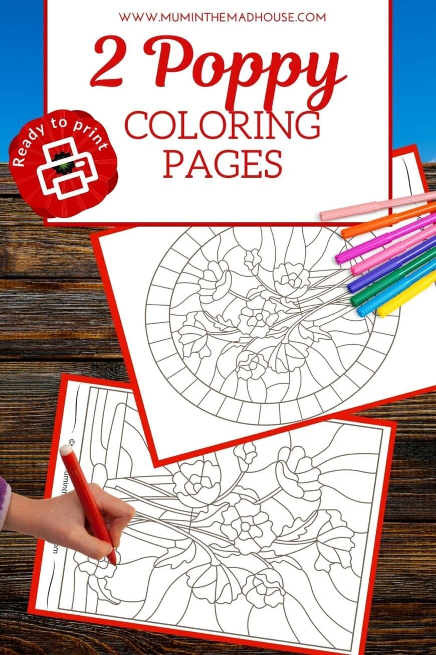 Get these free stained-glass poppy coloring pages, perfect for Remembrance Day! Relax and reflect with this meaningful coloring project for all ages.