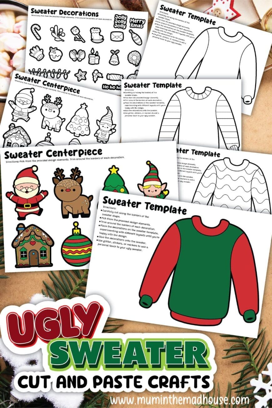 Ugly Sweater cut and Paste Square Pinterest Pin diy ugly sweater craft for kids | free printable templates for