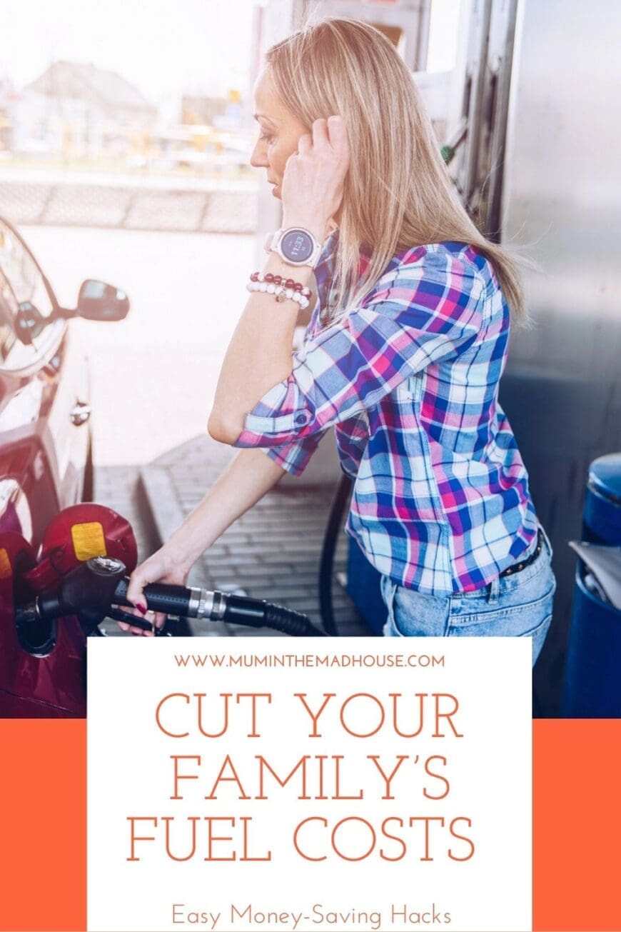 A woman in a plaid shirt is refueling her car while adjusting her hair, looking focused. She wears a smartwatch and bracelets. The gas station setting suggests a daily routine. Text overlay reads: “Cut Your Family’s Fuel Costs – Easy Money-Saving Hacks
