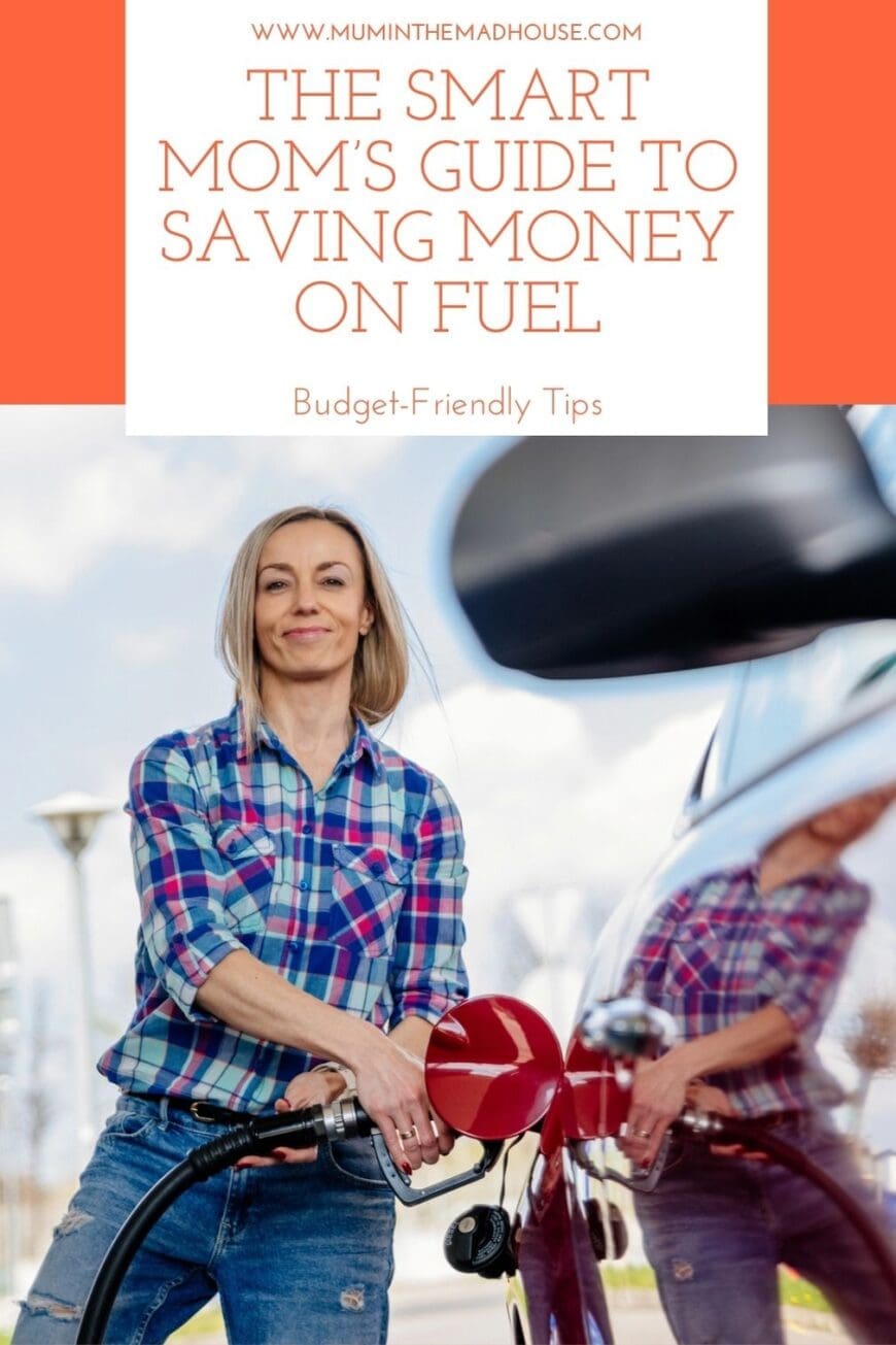A smiling woman in a plaid shirt is fueling her red car at a gas station. She looks confident and content, with a clear sky and a reflection of her action on the car’s surface. Text overlay reads: “The Smart Mom’s Guide to Saving Money on Fuel – Budget-Friendly Tips