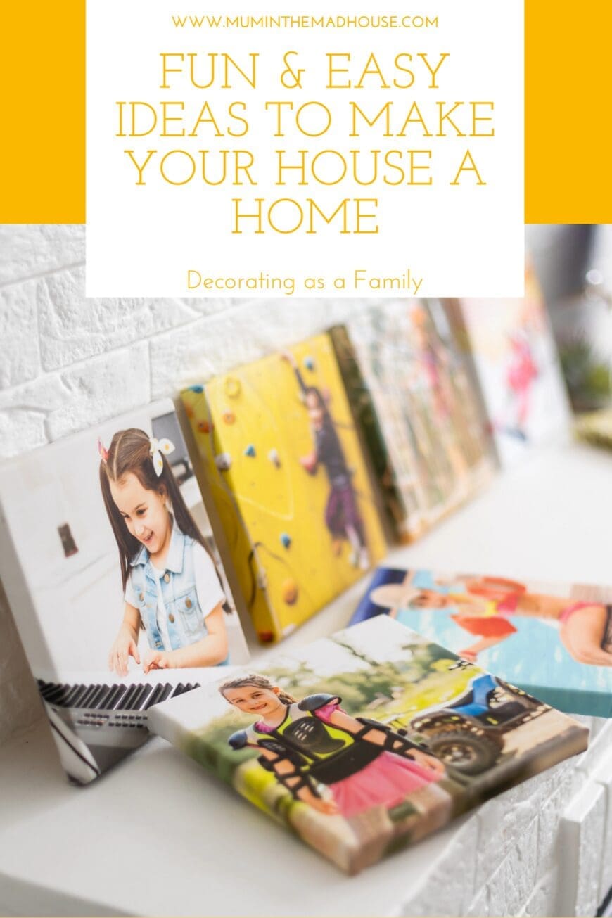 Canvas photo prints displayed on a shelf with images of children and family moments — a fun and personal way to decorate your home as a family.