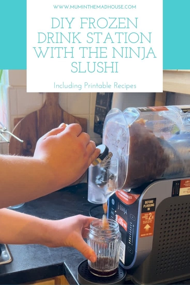 Child using the Ninja Slushi machine to pour a homemade frozen drink into a glass jar, with DIY Frozen Drink Station text overlay