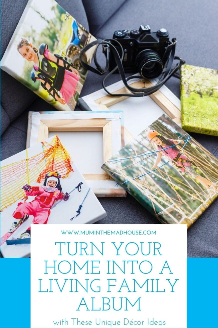 Canvas prints of children and family memories arranged beside a vintage camera, representing how to turn cherished photos into personalized home décor.