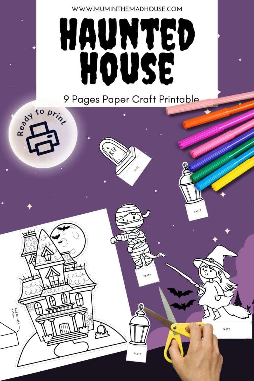 Looking for an easy Halloween craft? Download this free haunted house printable! Simply print, colour, cut, and fold to make your very own spooky haunted house. Great for parties, classrooms, or a rainy day at home.