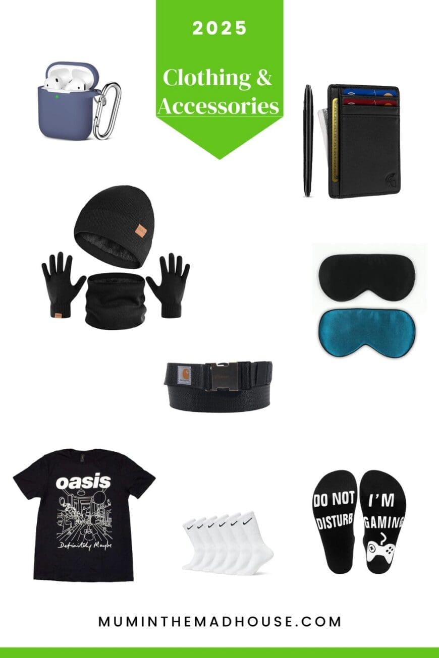 Keep them looking cool and comfy with these 2025 clothing and accessory gift ideas for teenage boys — from socks and tees to hats and wallets.