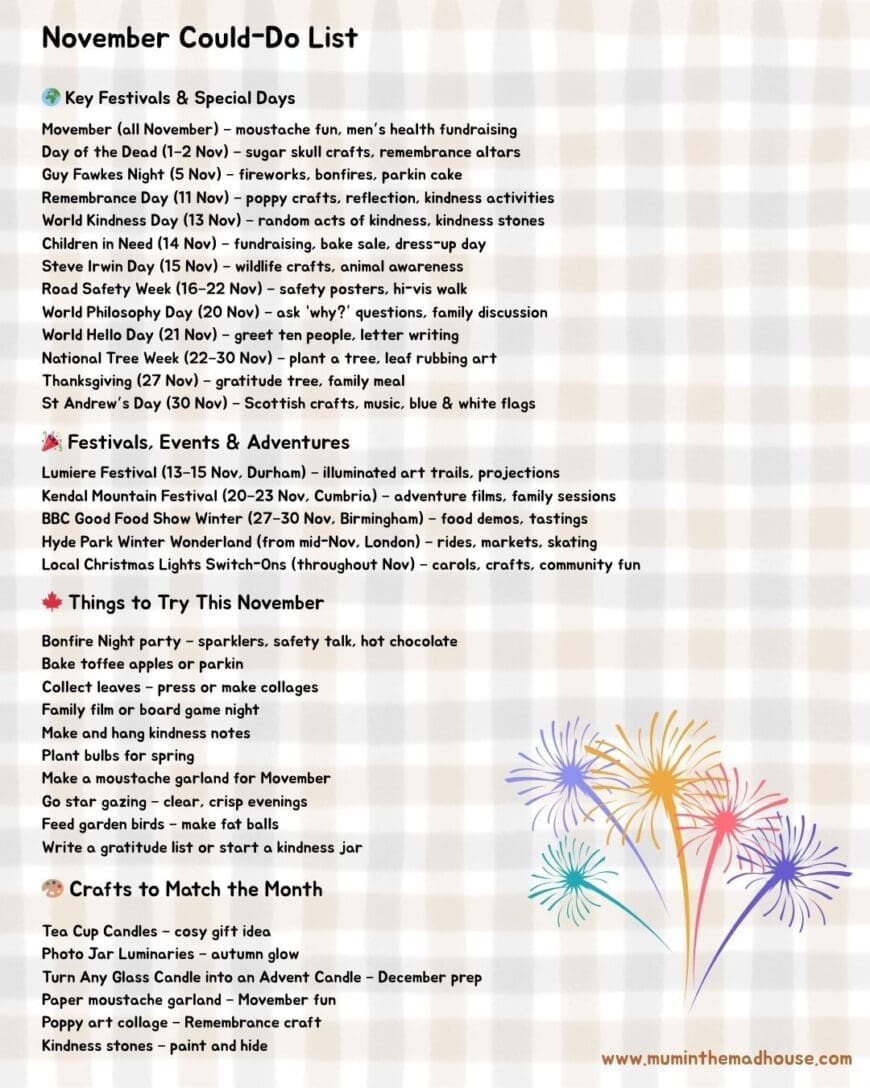 Make the most of November with this could-do list full of Bonfire Night ideas, Movember moments, and heart-warming crafts for kids and parents.