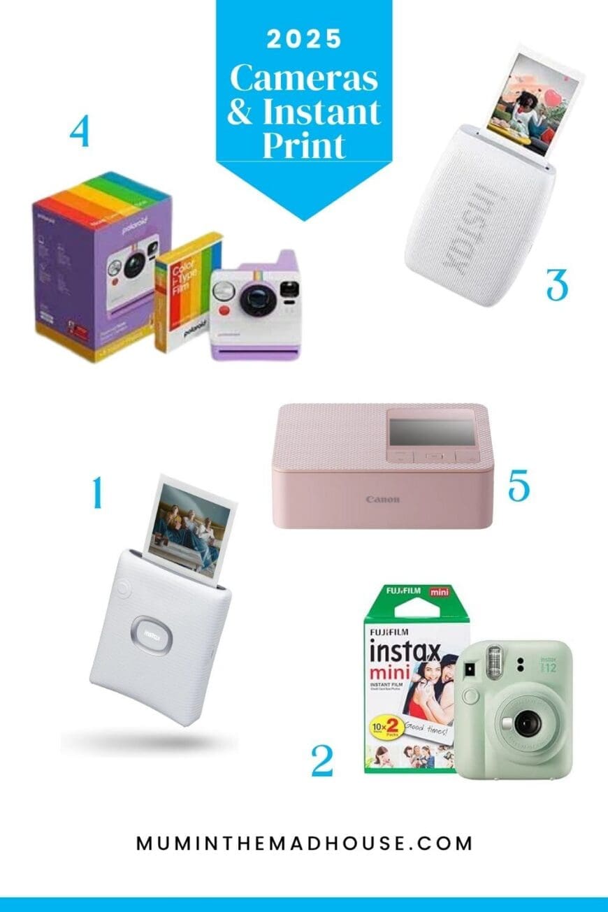 2025 camera and instant print gift guide showing instant cameras, photo printers, and film for photography-loving teens.