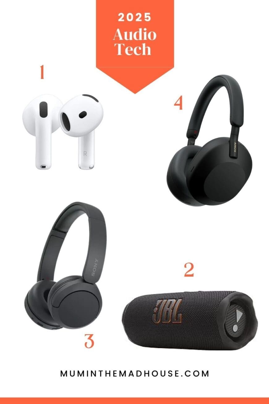 2025 audio tech gift guide featuring wireless earbuds, Bluetooth speaker, and noise-cancelling headphones for teens.