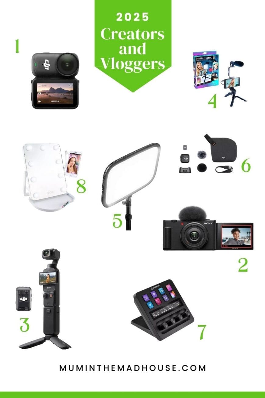 2025 creator and vlogger gift guide showing cameras, video lights, microphones, and filming accessories for teens.