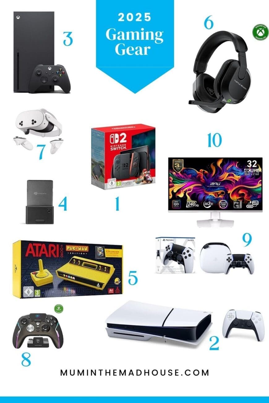2025 gaming gear gift guide with consoles, controllers, VR headset, gaming monitor, and accessories for teen gamers