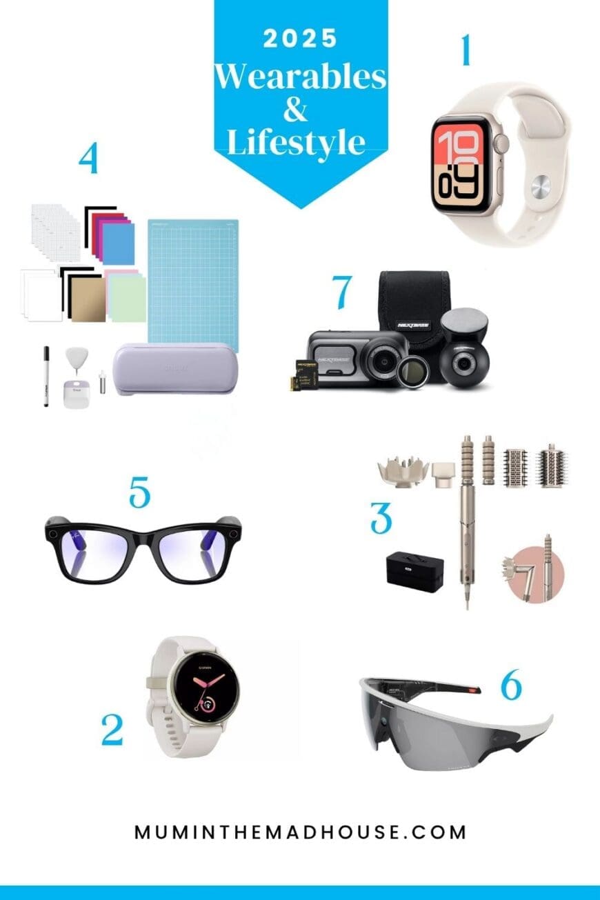 2025 wearables and lifestyle tech gift guide featuring smartwatches, smart glasses, hair tools, and creative gadgets for teens.