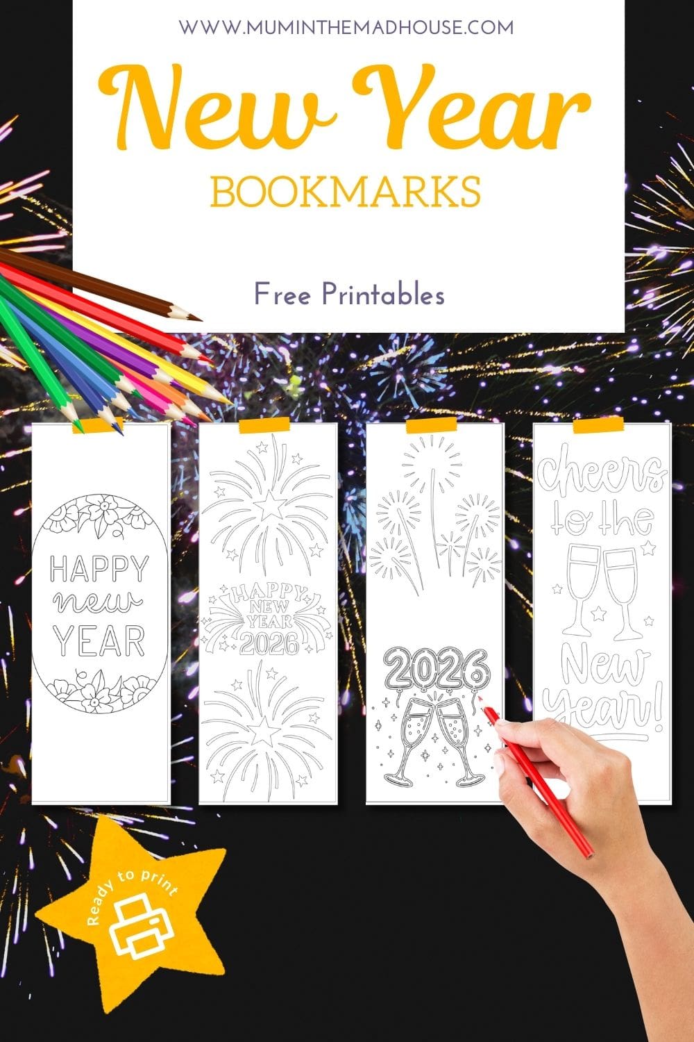 4 Free 2026 New Year Bookmarks to Colour